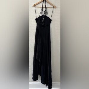 Free People Medium “Beautiful Stranger” Boho Maxi Halter Dress Black 100% Cotton
